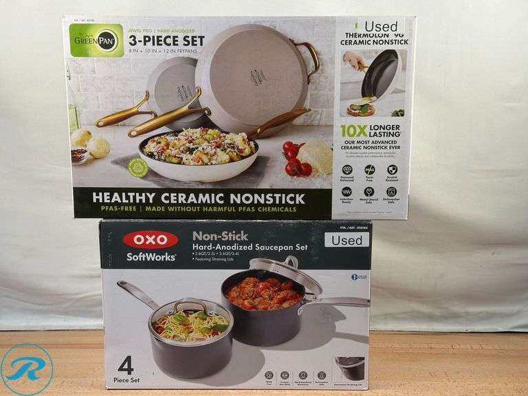 GreenPan Jewel Pro Ceramic Non-Stick 3-piece Fry Pan Set- Used; OXO Softworks: Non-Stick Hard-Anodized Saucepan Set- Used - Roller Auctions