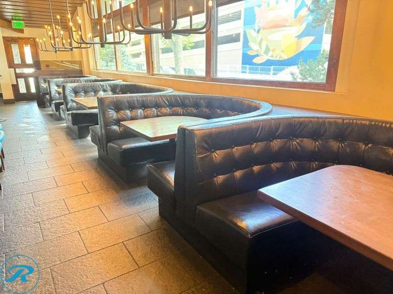 Dining Booth and Table Package; Booths (3) 92 in x 55 in and (2) 72 in x 55 in and  (3) tables 44 in x 33 in and (2) tables 33 in x 30 in - Roller Auctions