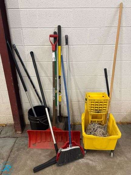 Cleaning Tools and Supplies Including Mops, Brooms, Buckets, and Brushes