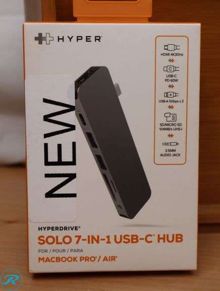 HyperDrive USB-C Hub Adapter, Solo 7-in-1 Type C Dongle for MacBook Pro, PC w USB-C Port: USBC 60W Power Delivery, USBC 5Gbps Data, 4K HDMI, microSD/SD Card Reader, 2xUSB 3.0, Audio Jack , Grey - New - Roller Auctions