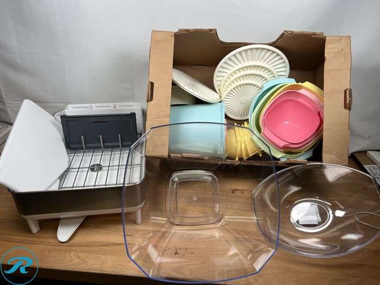 Tupperware Heritage Collection 32 Piece Food Storage Set- Used/ Missing Unit (31ct); (3) Plastic Serving Bowls- Used; Simplehuman Stainless Steel Frame Dish Rack- Used - Roller Auctions