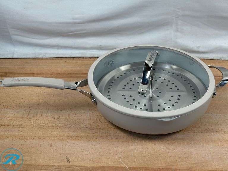 (2) Tramontina 5-quart All-In-One Plus Ceramic Non-Stick Pan, 7-piece Set - Used - (1) Glass Lid is damaged at Silicone top - Roller Auctions