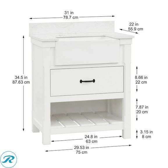 (1) Display Model- allen + roth Briar 30-in Carrara White Farmhouse Single Sink Bathroom Vanity with White Engineered Marble Top (total of 1 vanity with top) (Some minor scratches on top has 2 cracks See Photos) - Roller Auctions