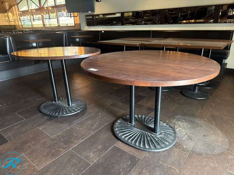 Wood Bar Tables with Black Metal Pedestal Bases, (1) 60in Round and (1) 72 in x 46 in - Roller Auctions