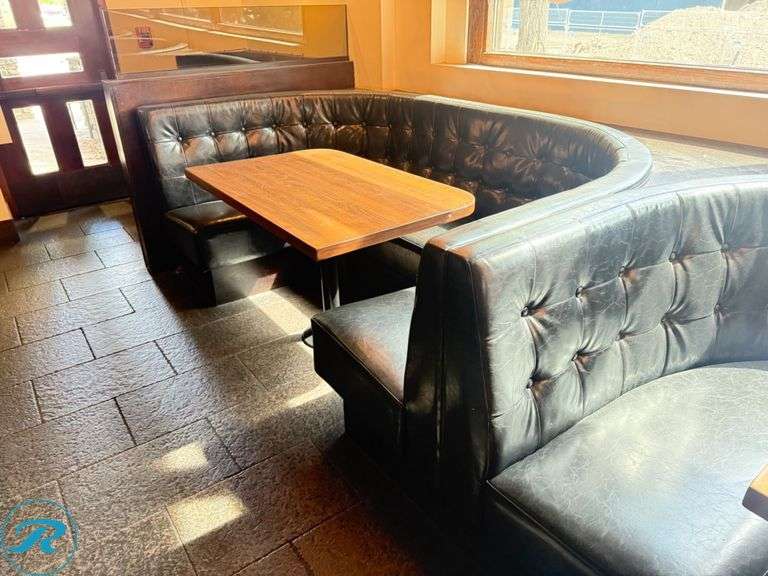 Dining Booth and Table Package; Booths (3) 92 in x 55 in and (2) 72 in x 55 in and  (3) tables 44 in x 33 in and (2) tables 33 in x 30 in - Roller Auctions