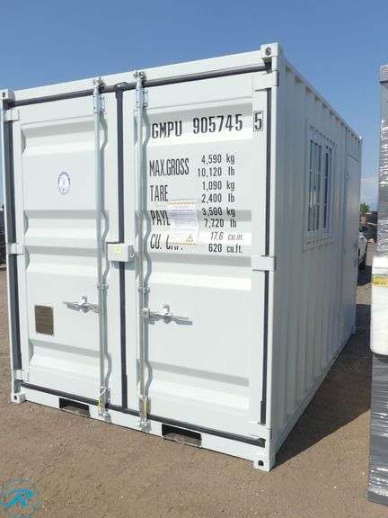New Steel Storage Container, 12' L X 88" W X 98" H, Side Entry Door and Window, Forklift Pockets - Roller Auctions