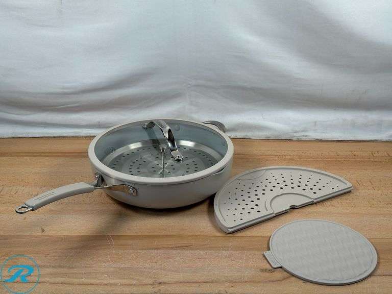 (2) Tramontina 5-quart All-In-One Plus Ceramic Non-Stick Pan, 7-piece Set - Used - (1) Glass Lid is damaged at Silicone top - Roller Auctions