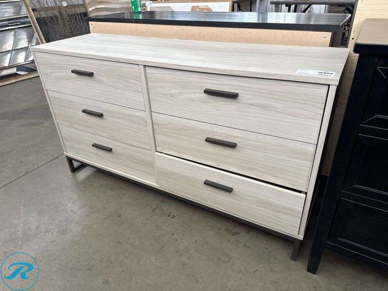 Six-Drawer Dresser with Light Wood Finish and Metal Base, 16”x52.5”