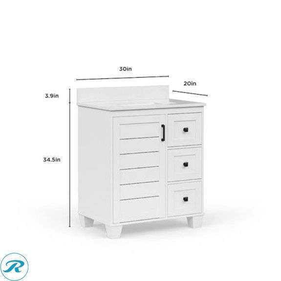 (1) Display Model- allen + roth Rigsby 30-in White Undermount Single Sink Bathroom Vanity with White Engineered Marble Top (Total 1 vanity with top) (Some very minor scratches on top See photos) - Roller Auctions