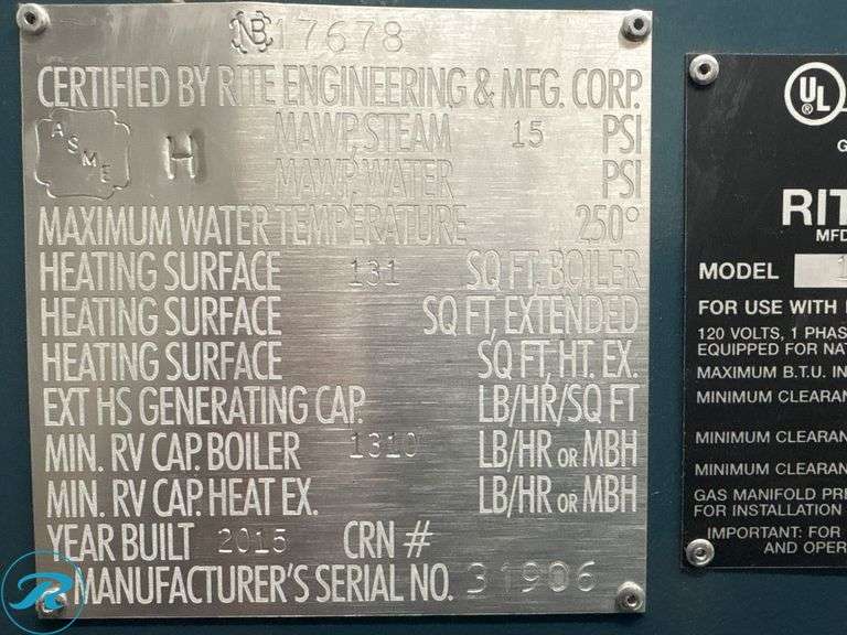 Rite Model 135S Gas-Fired Steam Boiler, 104” x 44” x 6’H - Roller Auctions
