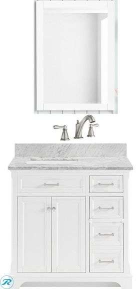 (3 Items) Display Model (1) allen + roth Roveland 36-in White Undermount Single Sink Bathroom Vanity with Carrara Natural Marble Top (1) allen + roth Brinkhaven 20-in x 28-in Framed Rectangle Bathroom Vanity Mirror ( White ) (1) Moen Caldwell Spot Resist Brushed Nickel Widespread 2-handle WaterSense Mid-arc Commercial/Residential Handle Bathroom Sink Faucet with Drain (total of 3 items)