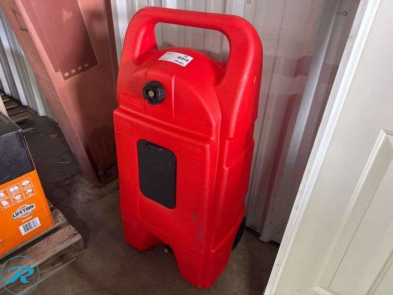 New 25-Gallon Portable Red Fuel Tank with Built-In Handle and Wheels