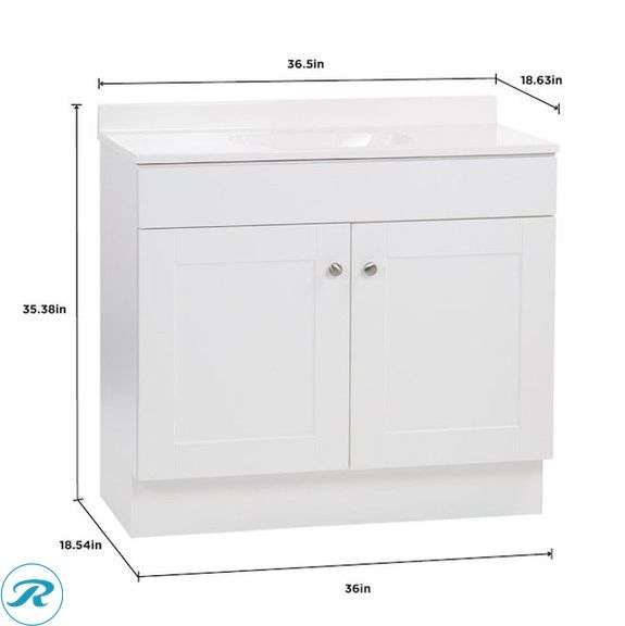 (1) Display Model- Project Source Dover 36-in True White Single Sink Bathroom Vanity with White Cultured Marble Top with Pfister Rancho Matte Black 4-in centerset 2-handle WaterSense Mid-arc Residential Handle Bathroom Sink Faucet with Drain with Deck Plate (Some Damage See Photos) - Roller Auctions