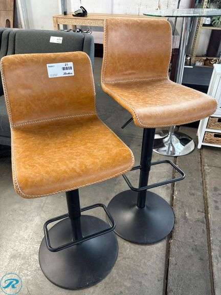 (2) Upholstered Faux Leather Adjustable Bar Stools with Black Metal Bases
