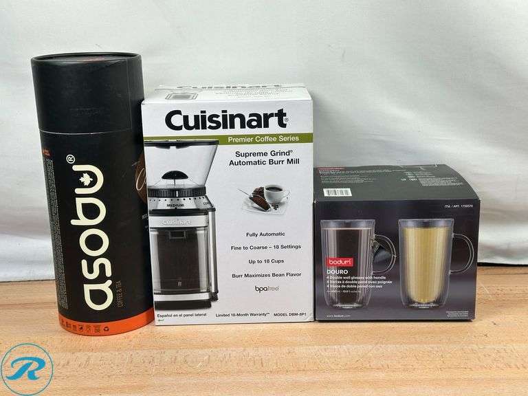 ASOBU: Portable Cold Brew Coffee Maker Black- New; Cuisinart Supreme Grind Automatic Burr Mill Coffee Grinder- New; Bodum Set of 4 Double Wall Glasses with Handle, 13.5 Fl Oz – Insulated Glass Coffee Mugs- Like New/ (1) Mug Missing - Roller Auctions