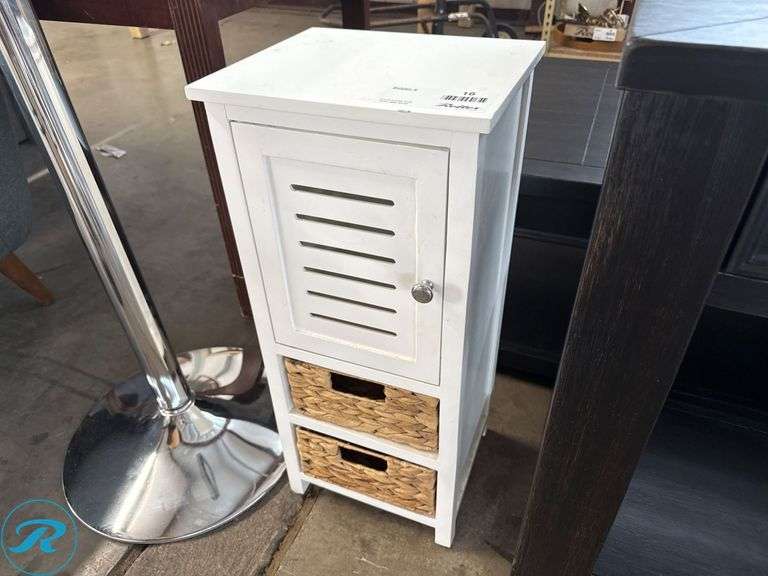 White Wooden Storage Cabinet with Slatted Door and Two Woven Drawers, 10.5”x12”