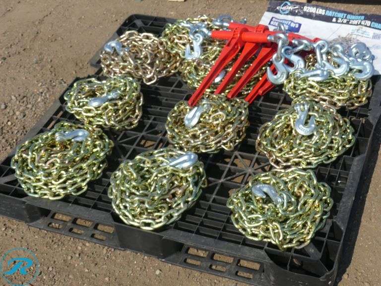 Pallet of (5) New Greatbear 9200LBS Ratchet  Binders and (10) New 3/8" 20FT G70 Chains - Roller Auctions