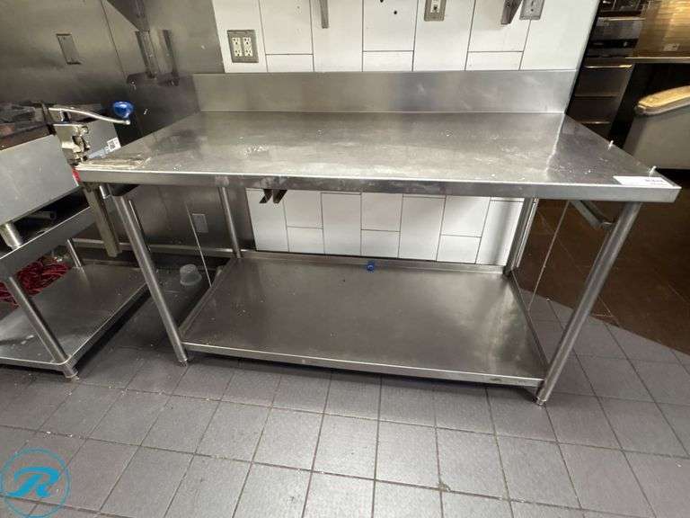 Stainless Steel Work Table with 6” Backsplash, Edlund #1 Can Opener on Casters, 60” x 30” x 35”H - Roller Auctions