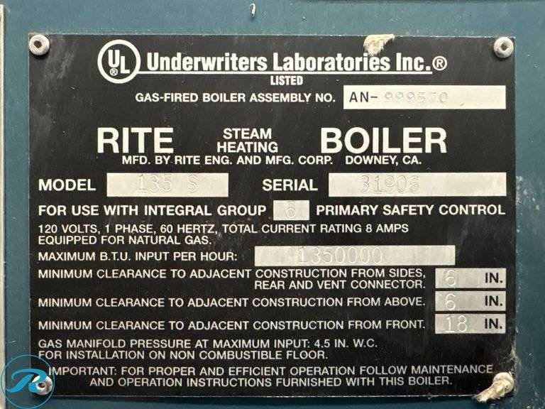 Rite Model 135S Gas-Fired Steam Boiler, 104” x 44” x 6’H - Roller Auctions