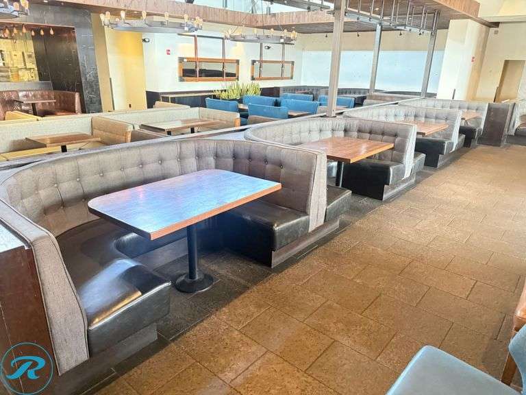 Dining Booth and Table Package; Booths: (1) 118 in x 84 in, (8) 90 in x 54 in, and (3) 78 in x 74 in and Tables; (3) 50 in x 30 in, (1) 72 in x 30 in, (4) 47 in x 30 in, and (4) 43 in x 30 in - Roller Auctions