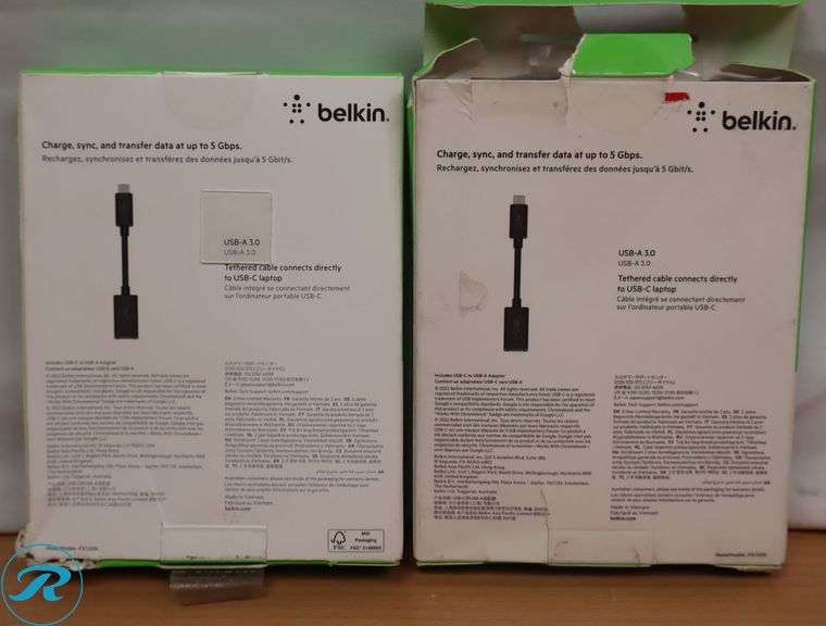 (2) Belkin - USB-C to USB 3.0 Adapter with Charging and 10Gbps Data Transfer, Compatible with Apple and Chromebook Devices 5-Inch, Black - New - Roller Auctions
