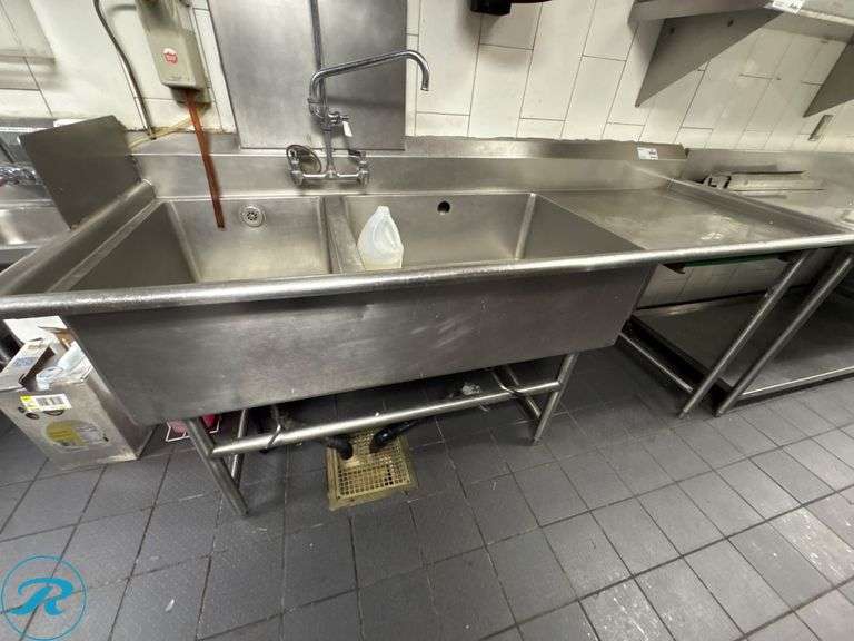 Stainless Steel Two-Compartment Stainless Steel Sink with Right Drain Board and 7” Backsplash, 84” x 30” x 36”H - Roller Auctions