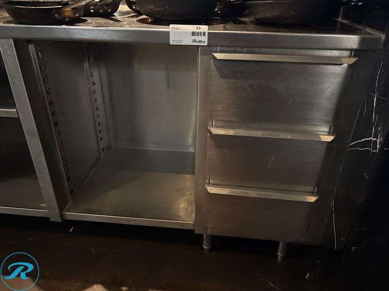 Stainless Steel Workstation with Open Shelves and Drawers, 151″ x 24″ x 36″H - Roller Auctions