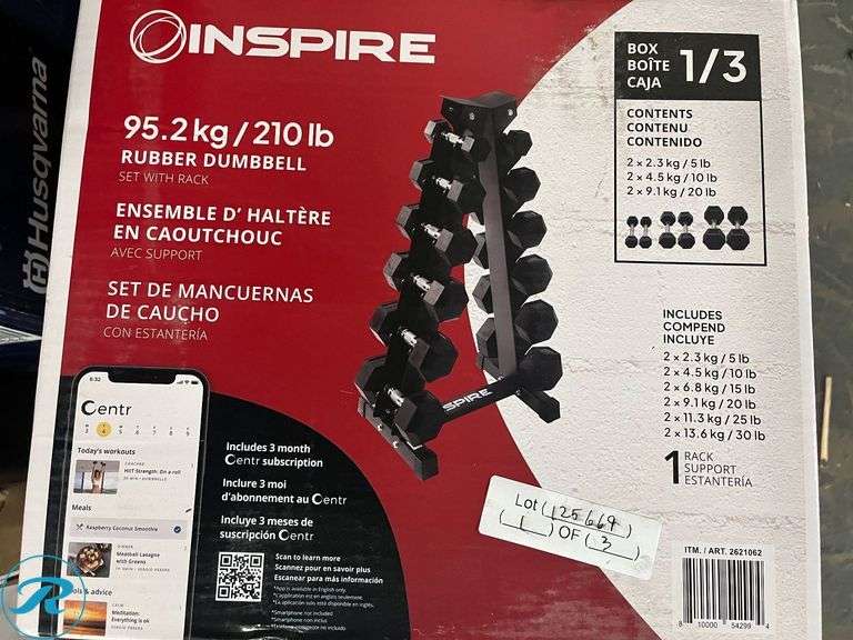 Inspire Fitness 210 lb. Rubber Hex Dumbbell Set with Rack - New - Missing 1 x 15lb Dumbbell, 25lb Chunk Missing - Roller Auctions