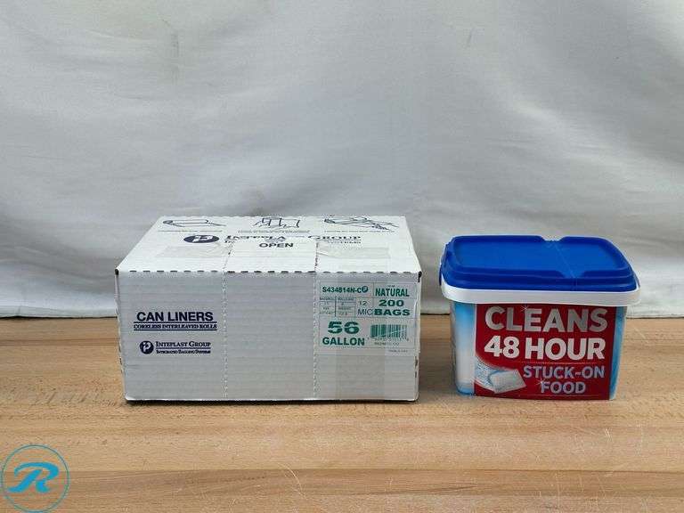 High-Density Commercial Can Liners, 56 gal, 22 microns - New/ Open Box; Kirkland Signature Platinum Performance UltraShine Dishwasher Detergent Pacs, 115-count- New/ Some Missing - Roller Auctions