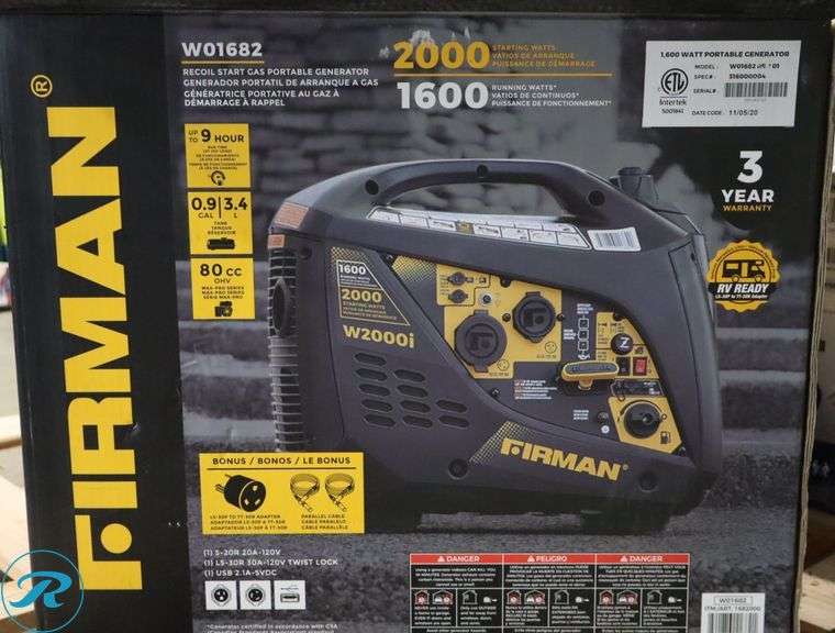 Firman 1600W Running / 2000W Peak Gasoline Powered Inverter Generator - Heavily Used/Untested - Roller Auctions