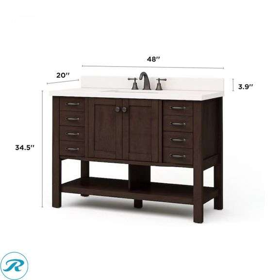 (1) Display Model- allen + roth Kingscote 48-in Espresso Undermount Single Sink Bathroom Vanity with White Engineered Stone Top with Pfister Selia Bathroom Sink Faucet, 8-Inch Widespread, 2-Handle, 3-Hole, Tuscan Bronze Finish (Total of 1 vanity with top and faucet) (Some scratches and top is cracked on side See photos) - Roller Auctions