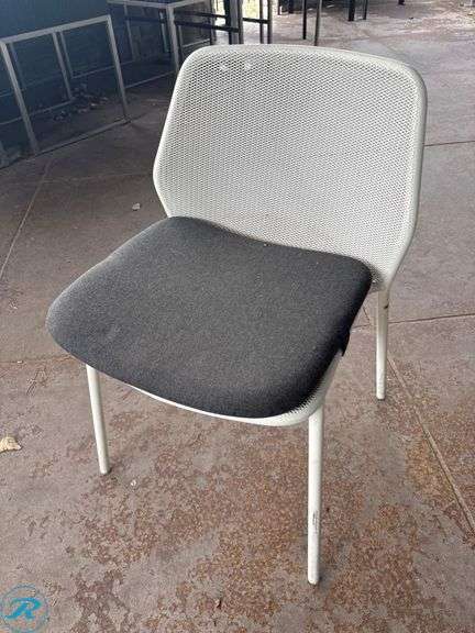 (20) White Metal Frame Chairs with Mesh Back and Gray Cushions - Roller Auctions