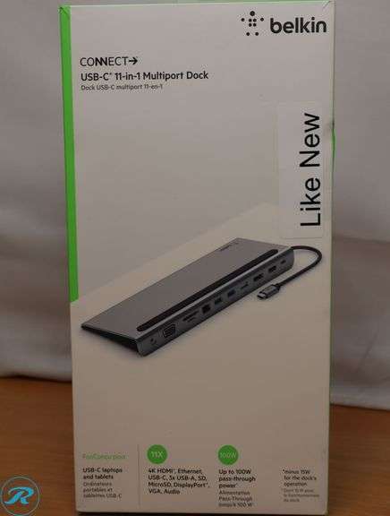 Belkin - 11-in-1 USB C Hub with 4K HDMI, DP, VGA, 100W PD Docking Station for MacBook Pro, Air, and more , Gray - Like New - Roller Auctions