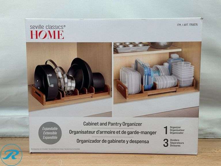 Seville Expandable Cabinet and Pantry Organizer- New; Ello reusable food storage bags- New; Snapware 38-piece Plastic Food Storage Set- New; Farberware: Salad Spinner- New - Roller Auctions