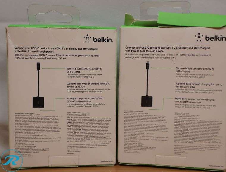 (2) Belkin - USB-C to HDMI Adapter + USBC Charging Port, 4K UHD Video, 60W Passthrough Power, Black - Like New - Roller Auctions