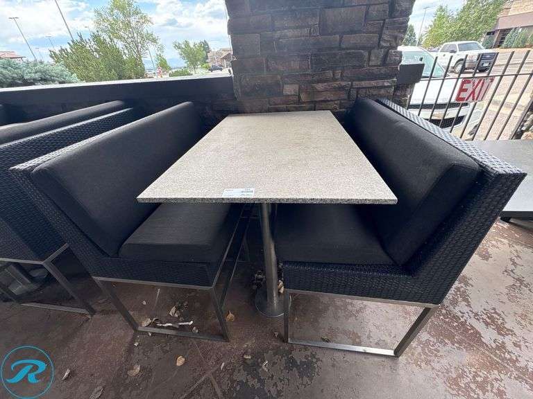 Bar Height Outdoor Dining Set with Wicker Benches and Stone Tabletop, 50” x 32” - Roller Auctions