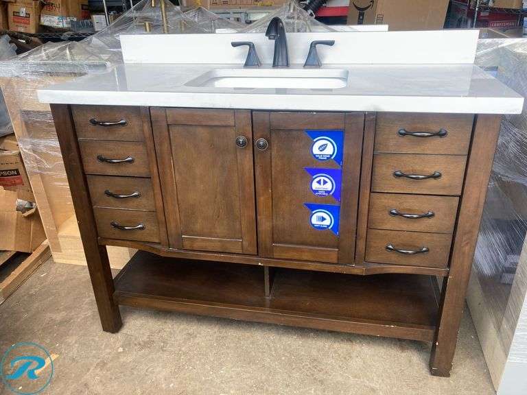 (1) Display Model- allen + roth Kingscote 48-in Espresso Undermount Single Sink Bathroom Vanity with White Engineered Stone Top with Pfister Selia Bathroom Sink Faucet, 8-Inch Widespread, 2-Handle, 3-Hole, Tuscan Bronze Finish (Total of 1 vanity with top and faucet) (Some scratches and top is cracked on side See photos) - Roller Auctions