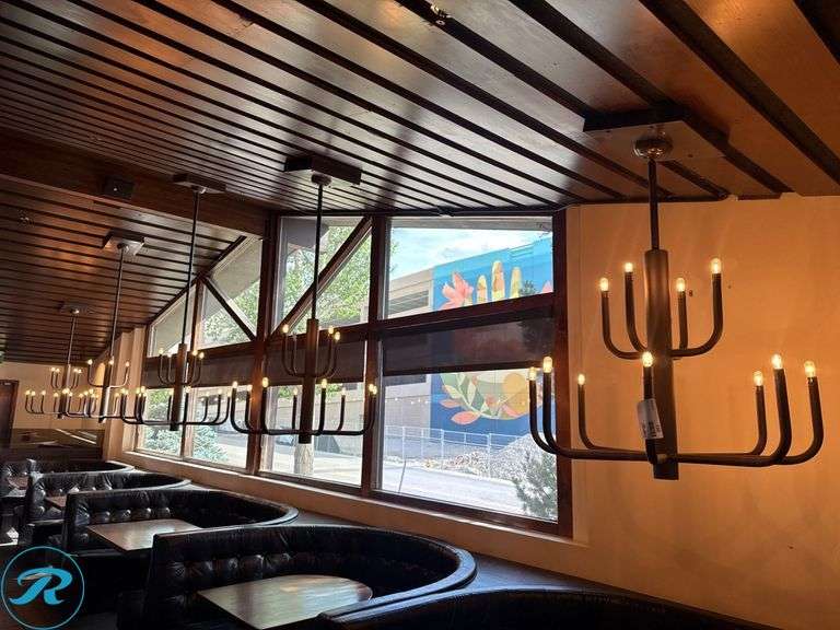 (5) Black Metal Multi-Tiered Chandeliers with Edison-Style Bulbs - Roller Auctions