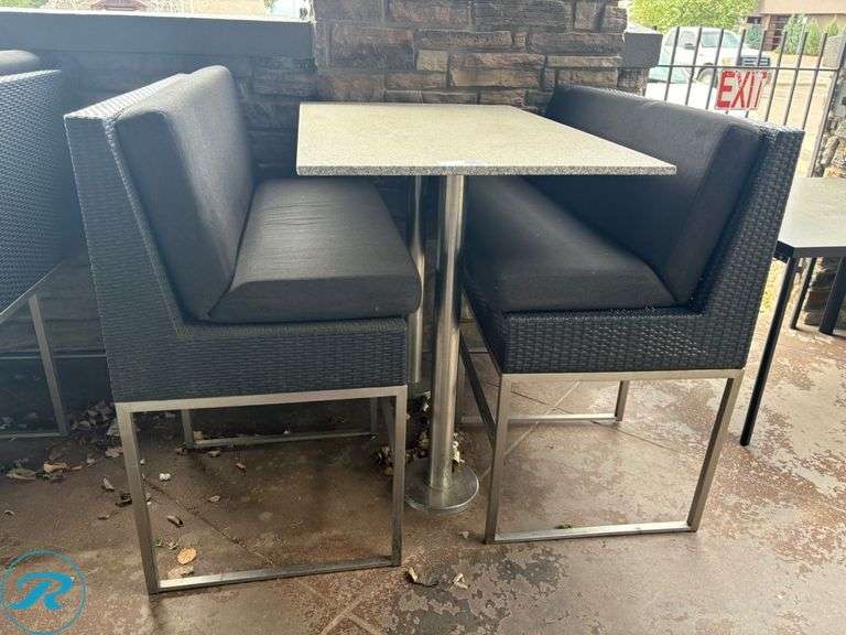 Bar Height Outdoor Dining Set with Wicker Benches and Stone Tabletop, 50” x 32” - Roller Auctions