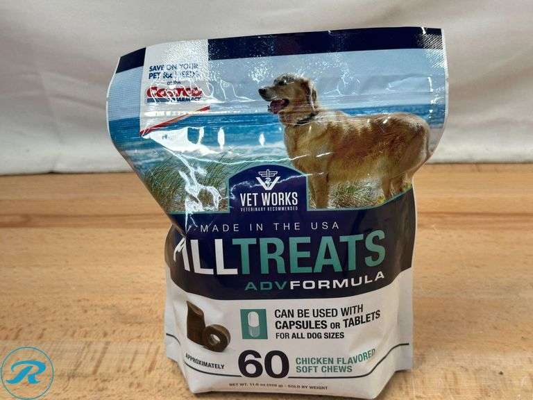 Kirkland Signature Pate Wet Dog Food Variety Pack, 3.5 oz, 45-count- New; Kirkland Signature Pate Wet Dog Food Variety Pack, 3.5 oz, 45-count- New/ Missing 22 units ; Vet Works Pill Treats, 120 Soft Chews- New - Roller Auctions