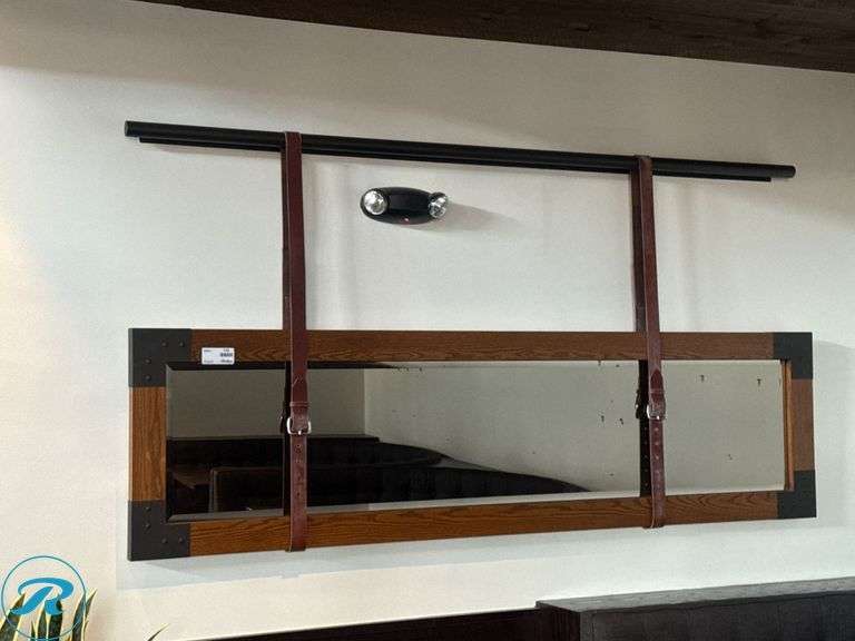 Wood Frame with Leather Strap Accents Mirror, 104in x 54in - Roller Auctions