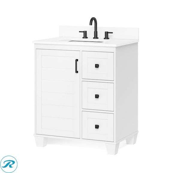 (1) Display Model- allen + roth Rigsby 30-in White Undermount Single Sink Bathroom Vanity with White Engineered Marble Top (Total 1 vanity with top) (Some very minor scratches on top See photos)