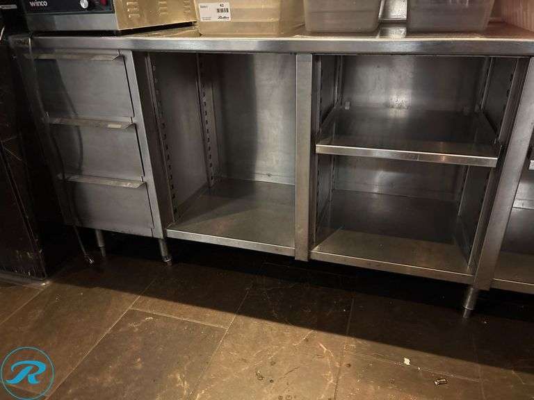 Stainless Steel Workstation with Open Shelves and Drawers, 151″ x 24″ x 36″H - Roller Auctions