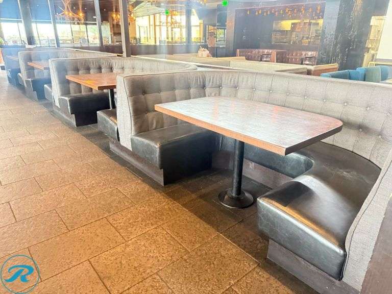 Dining Booth and Table Package; Booths: (1) 118 in x 84 in, (8) 90 in x 54 in, and (3) 78 in x 74 in and Tables; (3) 50 in x 30 in, (1) 72 in x 30 in, (4) 47 in x 30 in, and (4) 43 in x 30 in - Roller Auctions