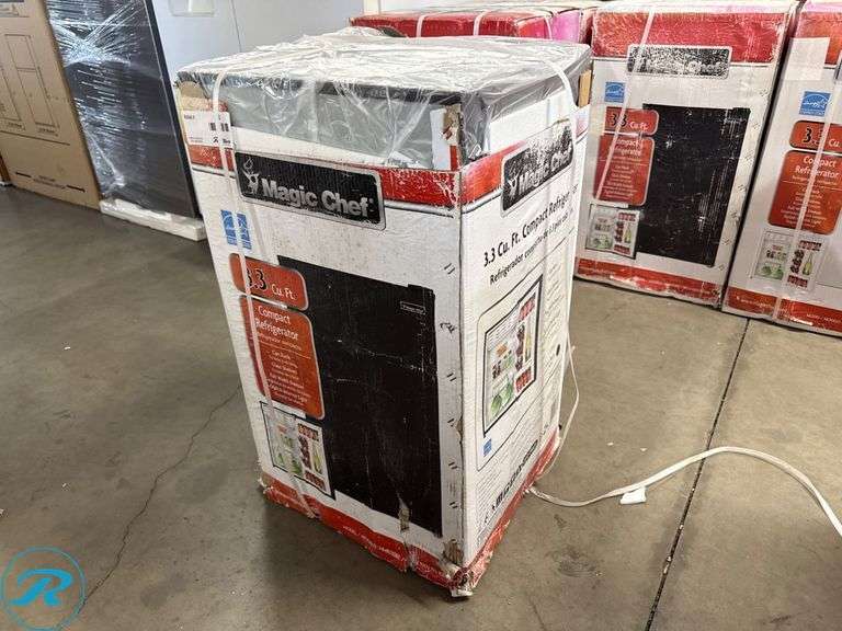 Magic Chef Model HMR330BE Compact Refrigerator in Box(Water Damage to Box, However No Damage to Internal Packaging or Unit) - Roller Auctions