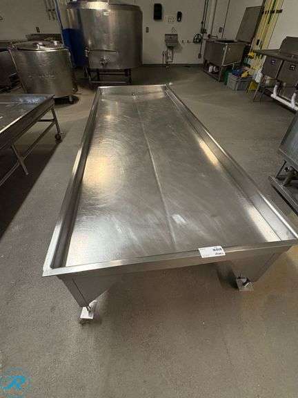Stainless Steel Drain Table on Casters, Sloped Surface with Drain Hole, 123” x 45” x 25”H - Roller Auctions