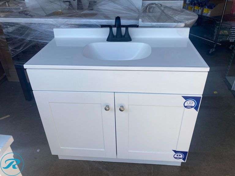 (1) Display Model- Project Source Dover 36-in True White Single Sink Bathroom Vanity with White Cultured Marble Top with Pfister Rancho Matte Black 4-in centerset 2-handle WaterSense Mid-arc Residential Handle Bathroom Sink Faucet with Drain with Deck Plate (Some Damage See Photos) - Roller Auctions