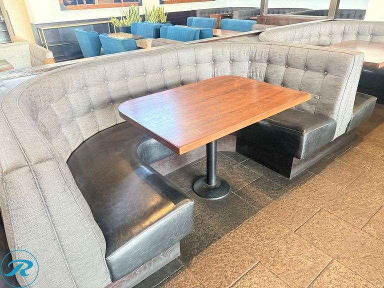 Dining Booth and Table Package; Booths: (1) 118 in x 84 in, (8) 90 in x 54 in, and (3) 78 in x 74 in and Tables; (3) 50 in x 30 in, (1) 72 in x 30 in, (4) 47 in x 30 in, and (4) 43 in x 30 in - Roller Auctions