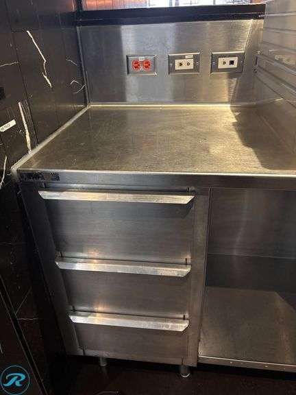 Stainless Steel Workstation with Open Shelves and Drawers, 151″ x 24″ x 36″H - Roller Auctions