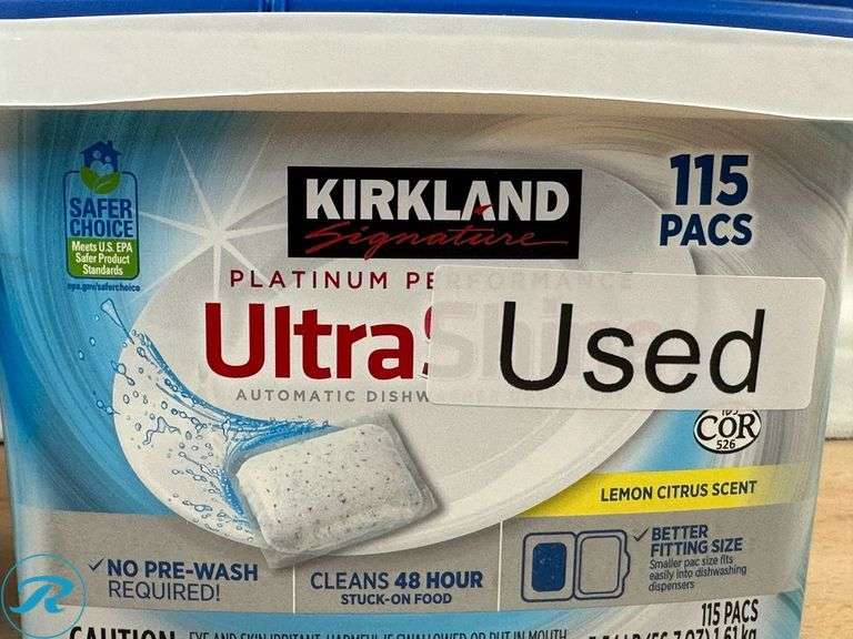 (4) Kirkland Signature Platinum Performance UltraShine Dishwasher Detergent Pacs, 115-count - New - (1) Used/ Open Box/ Missing Some - Roller Auctions